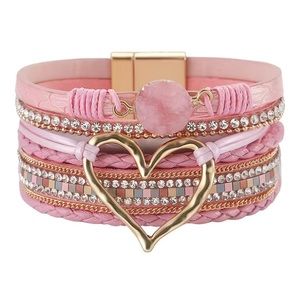 Pink Leather Multi Layer Heart Crystal Druzy Magnetic Bracelet
